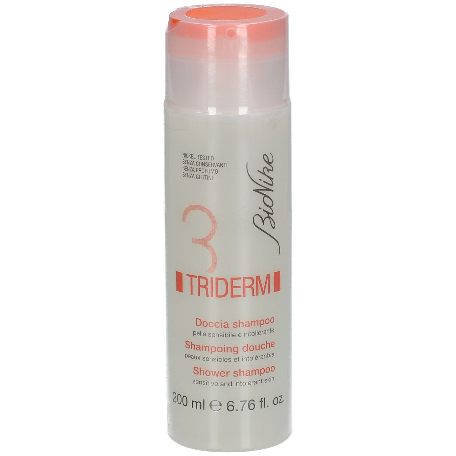 Weißliche Flasche mit rosa Deckel. Aufschrift: BioNike, TRIDERM, Duschshampoo, 200 ml.