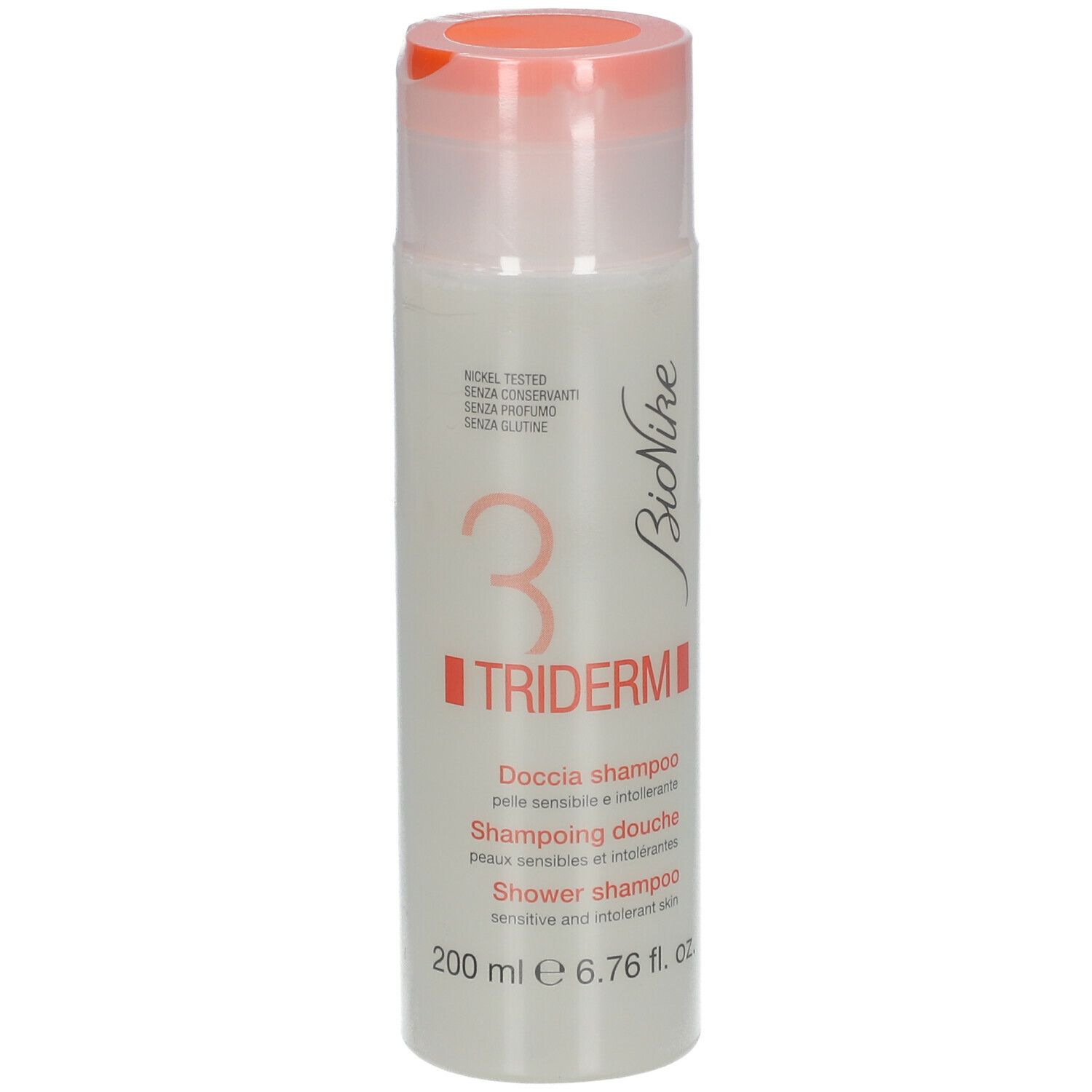 Weißliche Flasche mit rosa Deckel. Aufschrift: BioNike, TRIDERM, Duschshampoo, 200 ml.