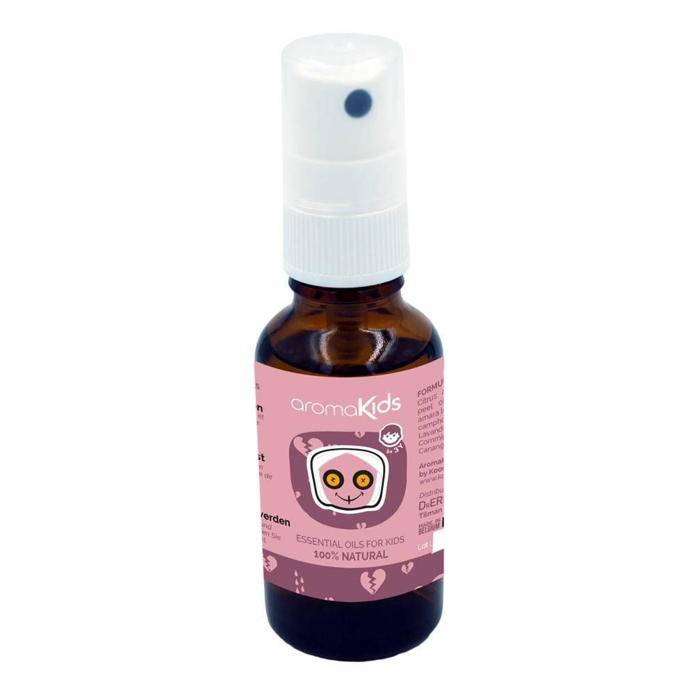 Braune Glasflasche mit weißem Sprühkopf und rosa Etikett. Produktname und Illustrationen sind sichtbar.