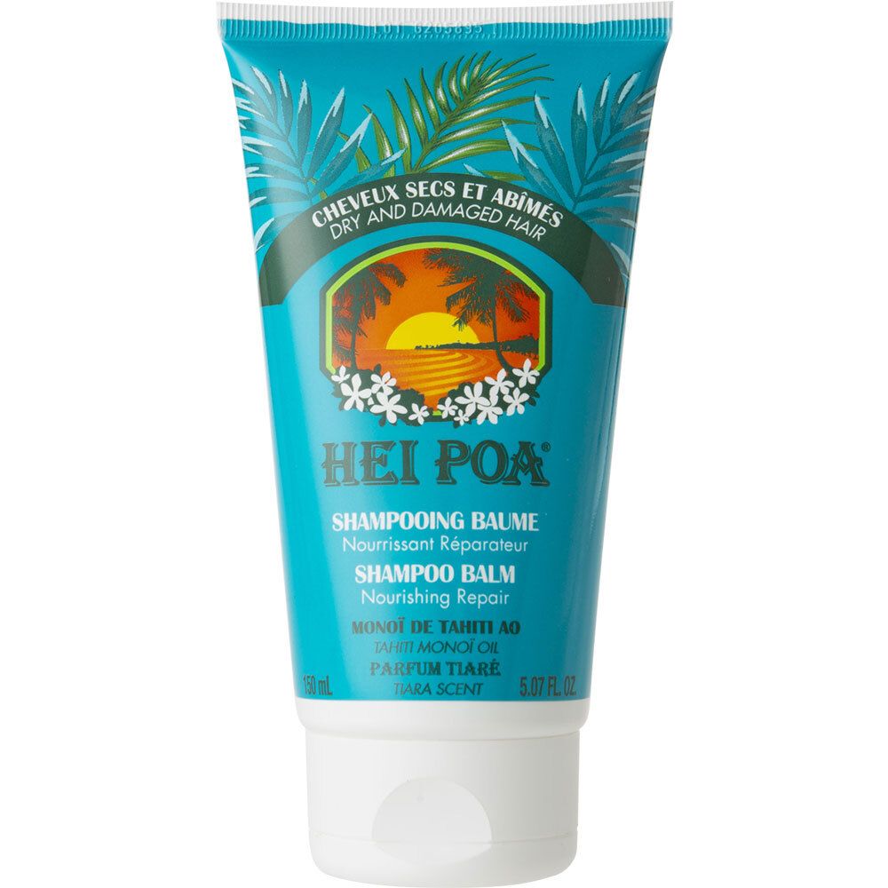 Blau-türkisfarbene Tube mit HEI POA Volumen Shampoo. Text: "Cheveux secs et abîmés", "Shampooing Baume".