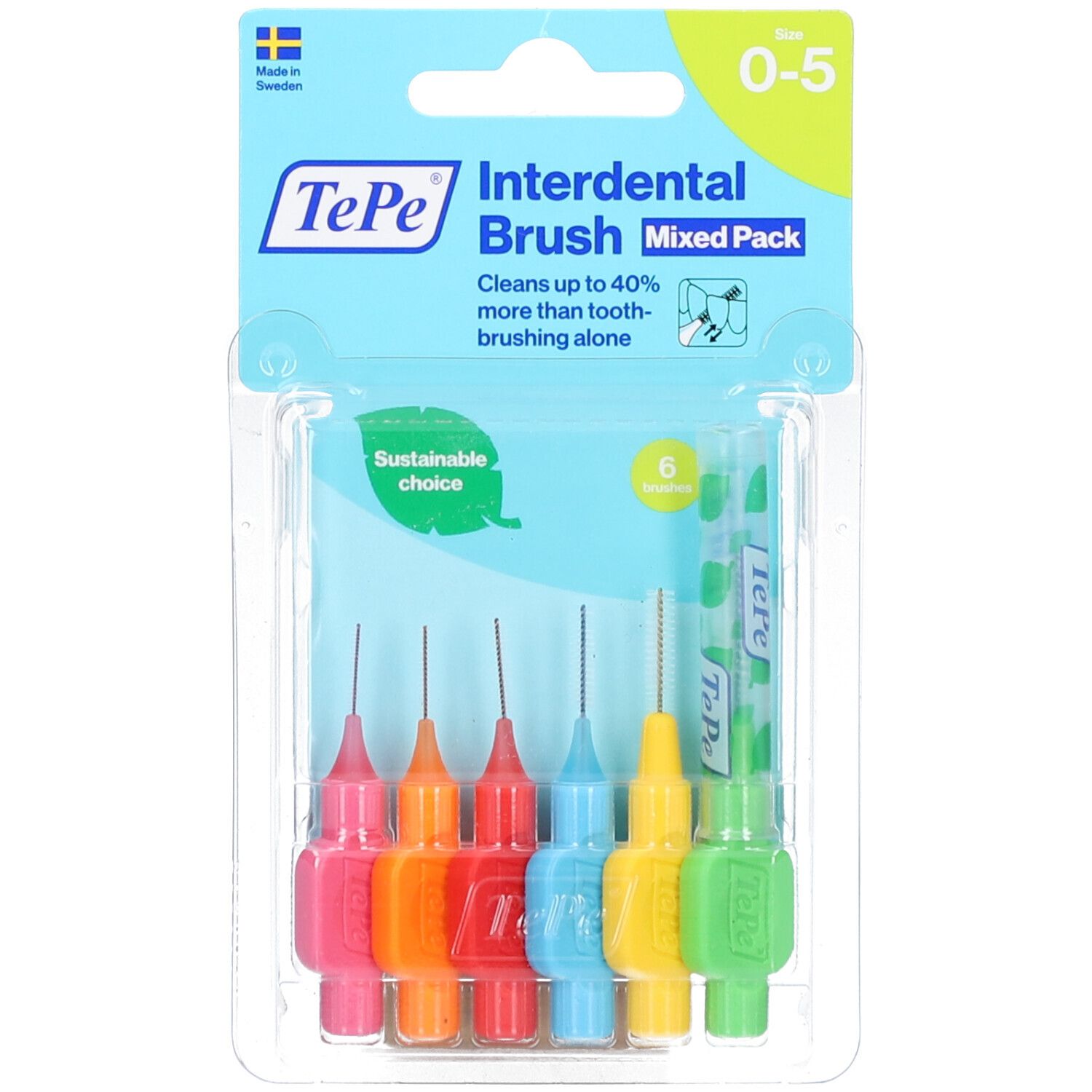 Interdentalbürsten in Blisterverpackung. Sechs Bürsten mit farbigen Griffen. Größenangaben: 0-5. Marke TePe.
