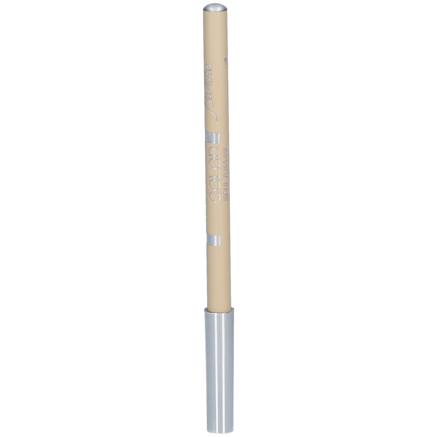 Beigefarbener Augenstift mit silbernen Akzenten. Spitze und unteres Ende silbern. Schriftzug auf dem Stift.
