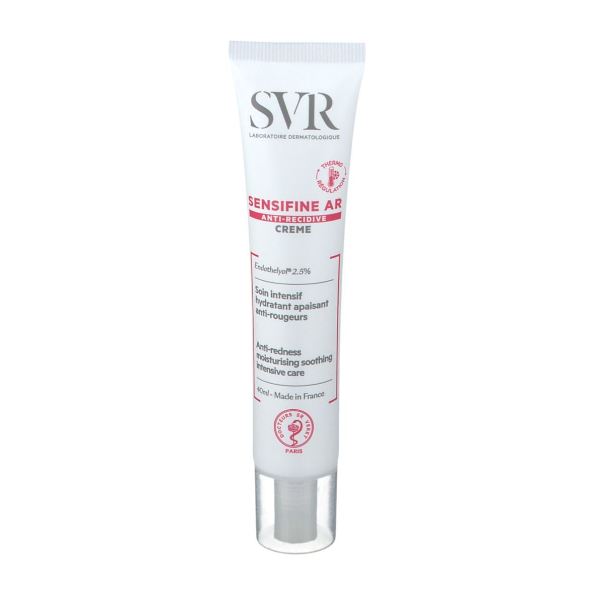 Weiße Tube mit SVR SENSIFINE AR Creme. Roter Schriftzug. Enthält Endothelyol 2,5%. 40ml.