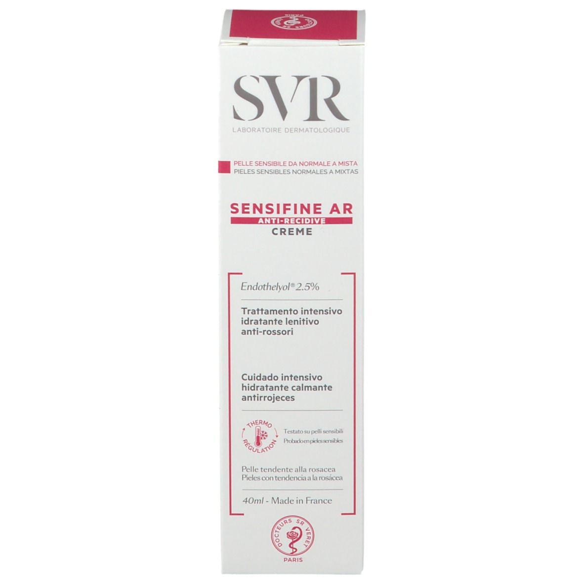 Rückseite der Verpackung SVR SENSIFINE AR Creme. Text in mehreren Sprachen. 40 ml.
