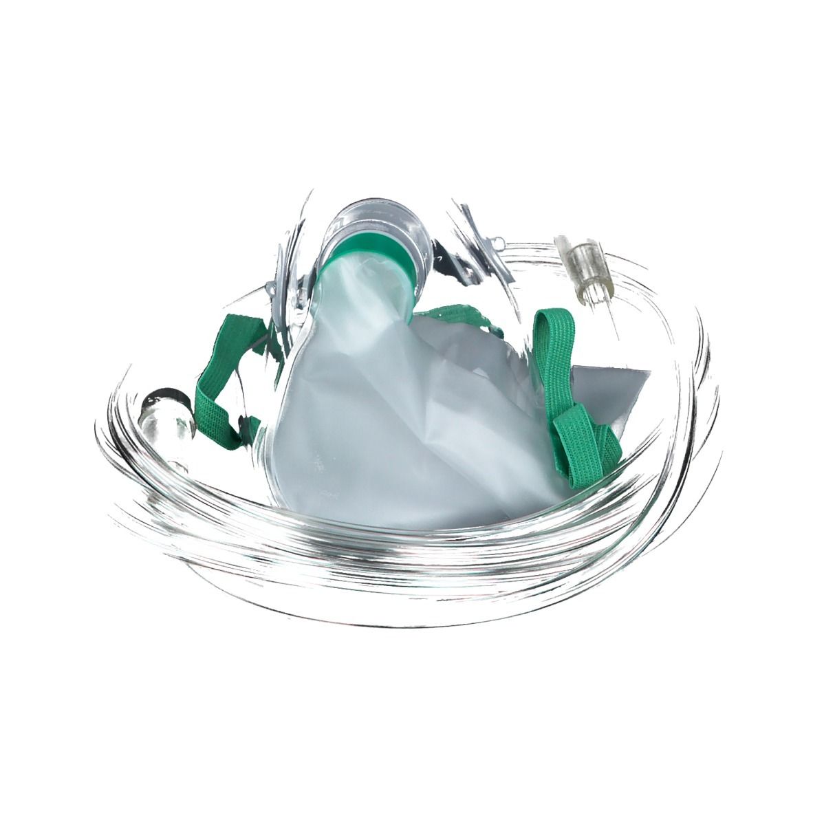 Sauerstoffmaske für Kinder mit Reservoir. Transparente Maske mit grünem Gurt und Schlauch. Reservoirbeutel.