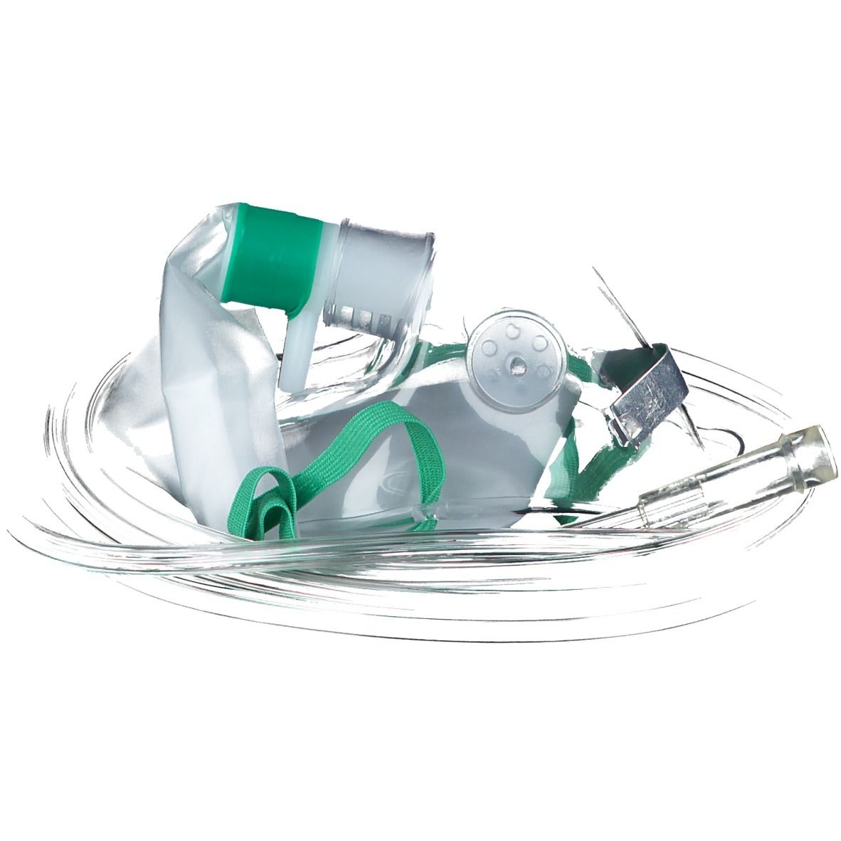 Sauerstoffmaske für Kinder mit Reservoir. Maske mit grünem Gurt und Schlauch. Reservoirbeutel. Winkelansicht.