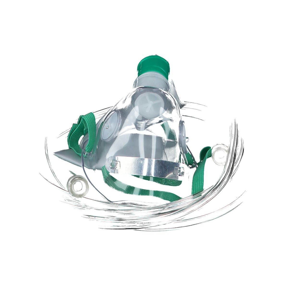 Sauerstoffmaske für Kinder mit Reservoir. Transparente Maske mit grünem Gurt. Winkelansicht. Schlauch und Anschlüsse.