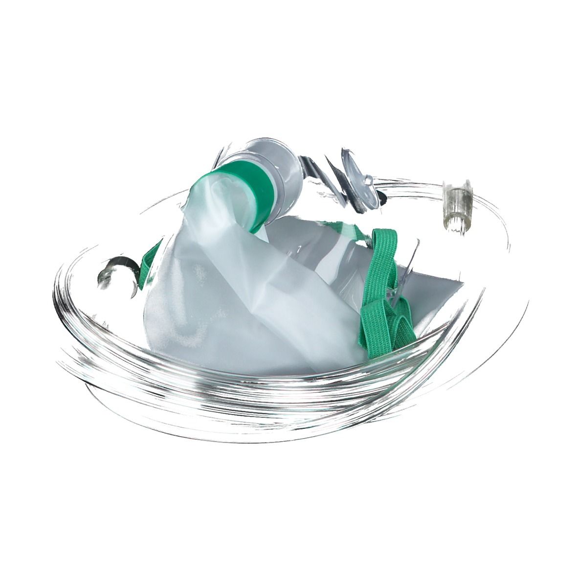 Sauerstoffmaske für Kinder mit Reservoir. Maske mit grünem Gurt und Schlauch. Reservoirbeutel. Winkelansicht.