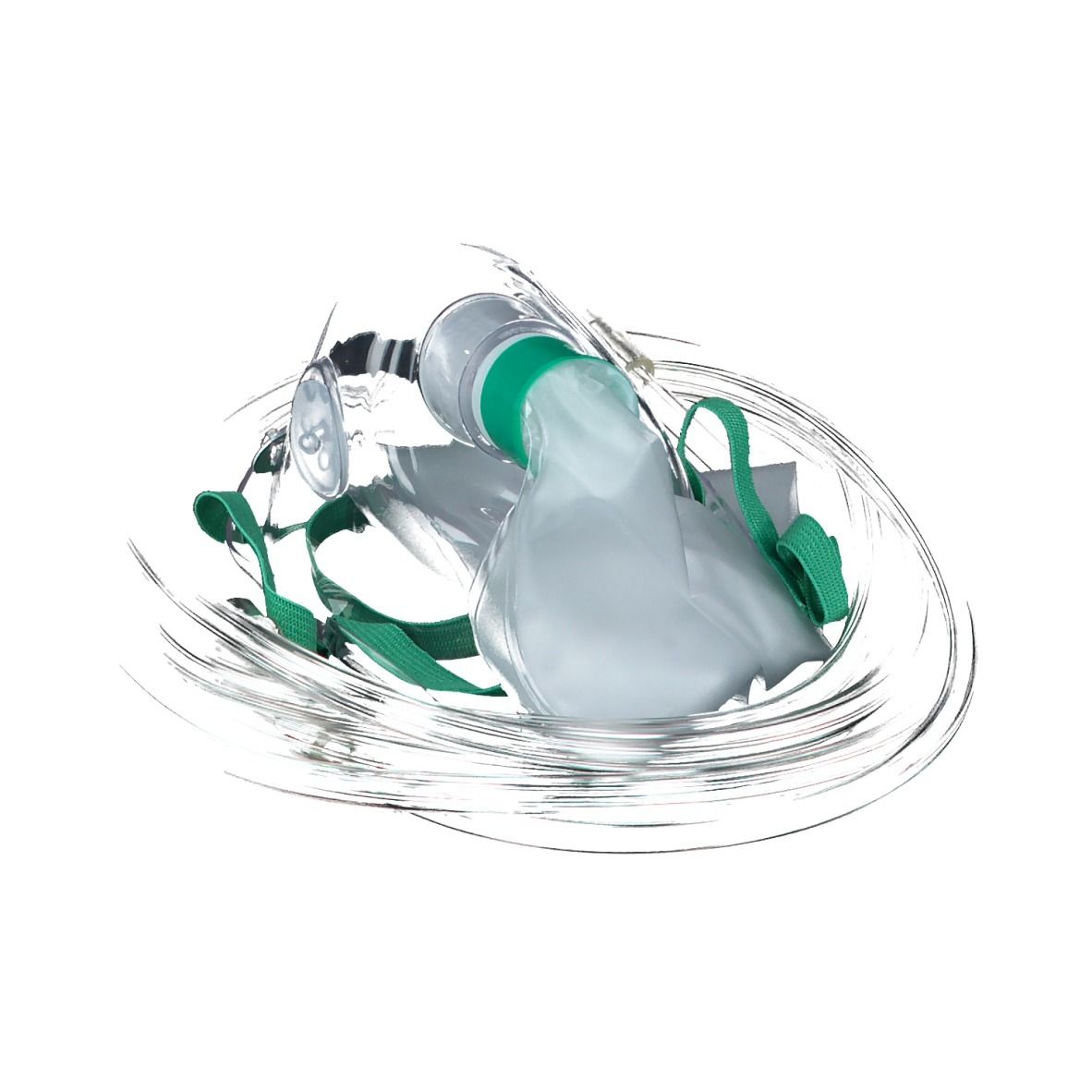 Sauerstoffmaske für Kinder mit Reservoir. Maske mit grünem Gurt und Schlauch. Winkelansicht. Detailansicht.
