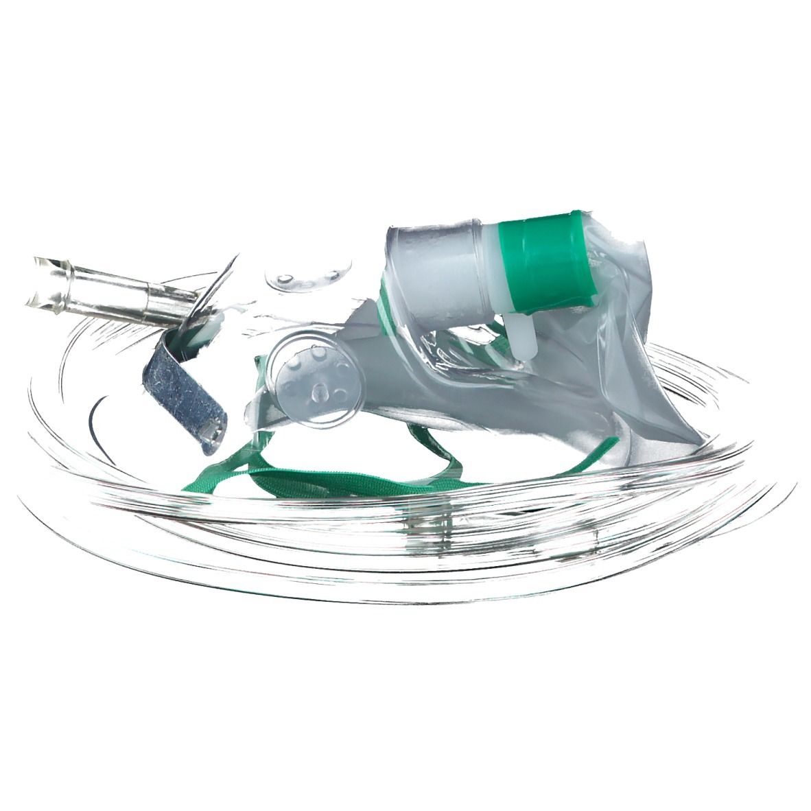 Sauerstoffmaske für Kinder mit Reservoir. Maske, grüner Gurt, Schlauch und Anschlüsse. Draufsicht.