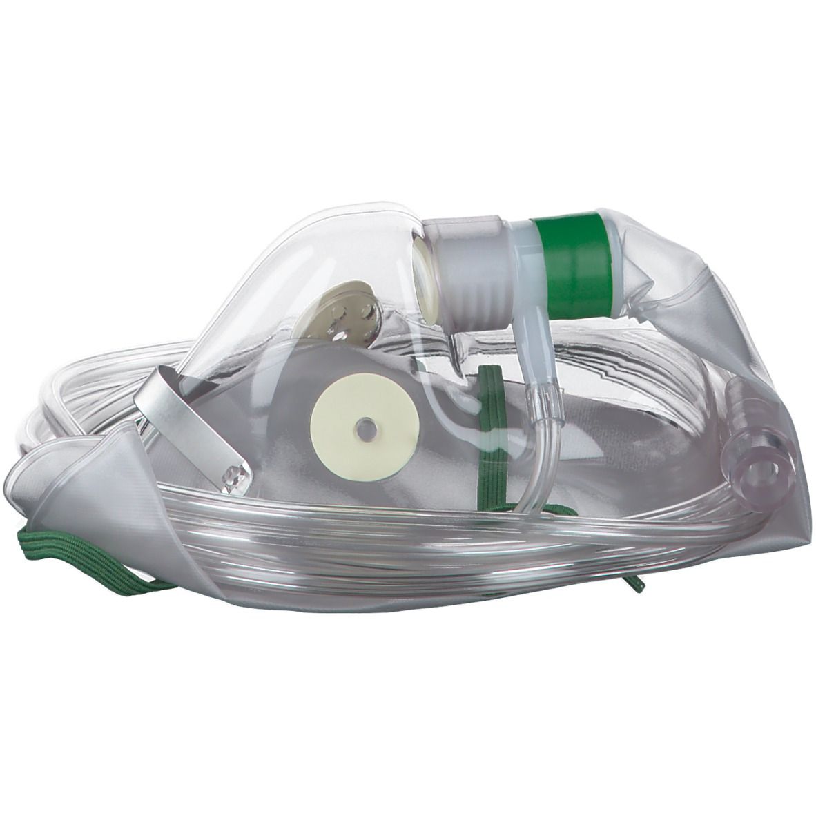 Sauerstoffmaske mit Reservoir, transparentes Material, grüner Anschluss, Schlauch. Runde Öffnung, Metallclip.