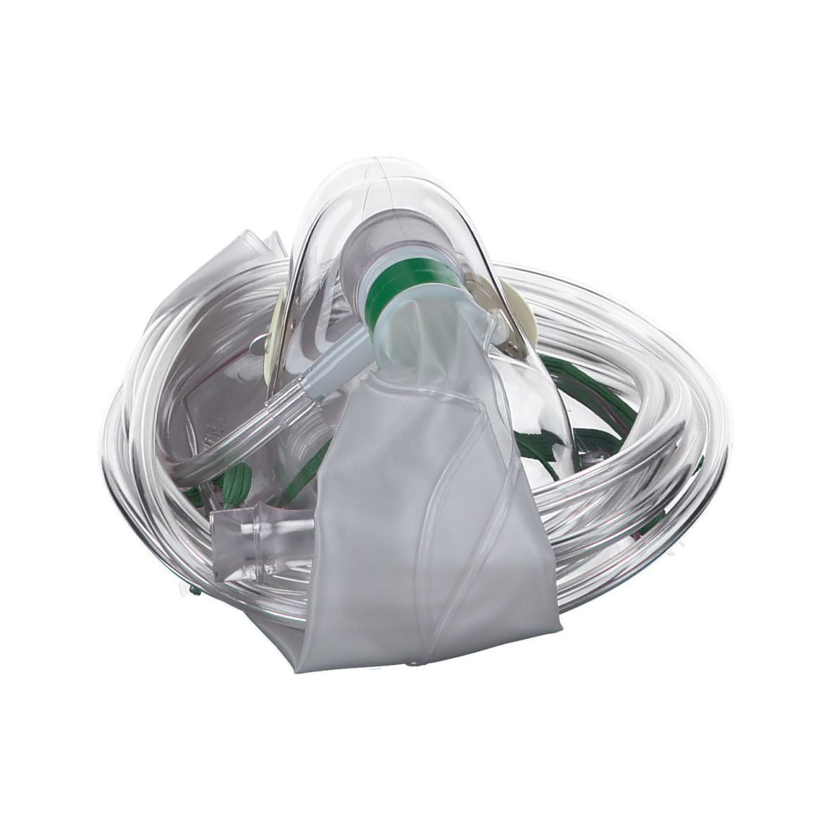 Sauerstoffmaske mit Reservoir, transparentes Material, grüner Anschluss, Schlauch. Reservoirbeutel, gefaltet.