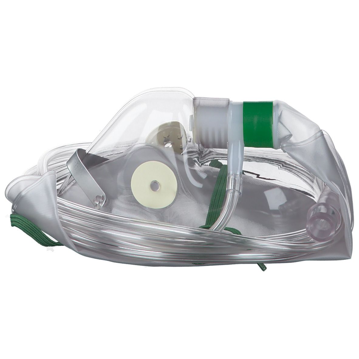 Sauerstoffmaske mit Reservoir, transparentes Material, grüner Anschluss, Schlauch. Runde Öffnung, Metallclip.