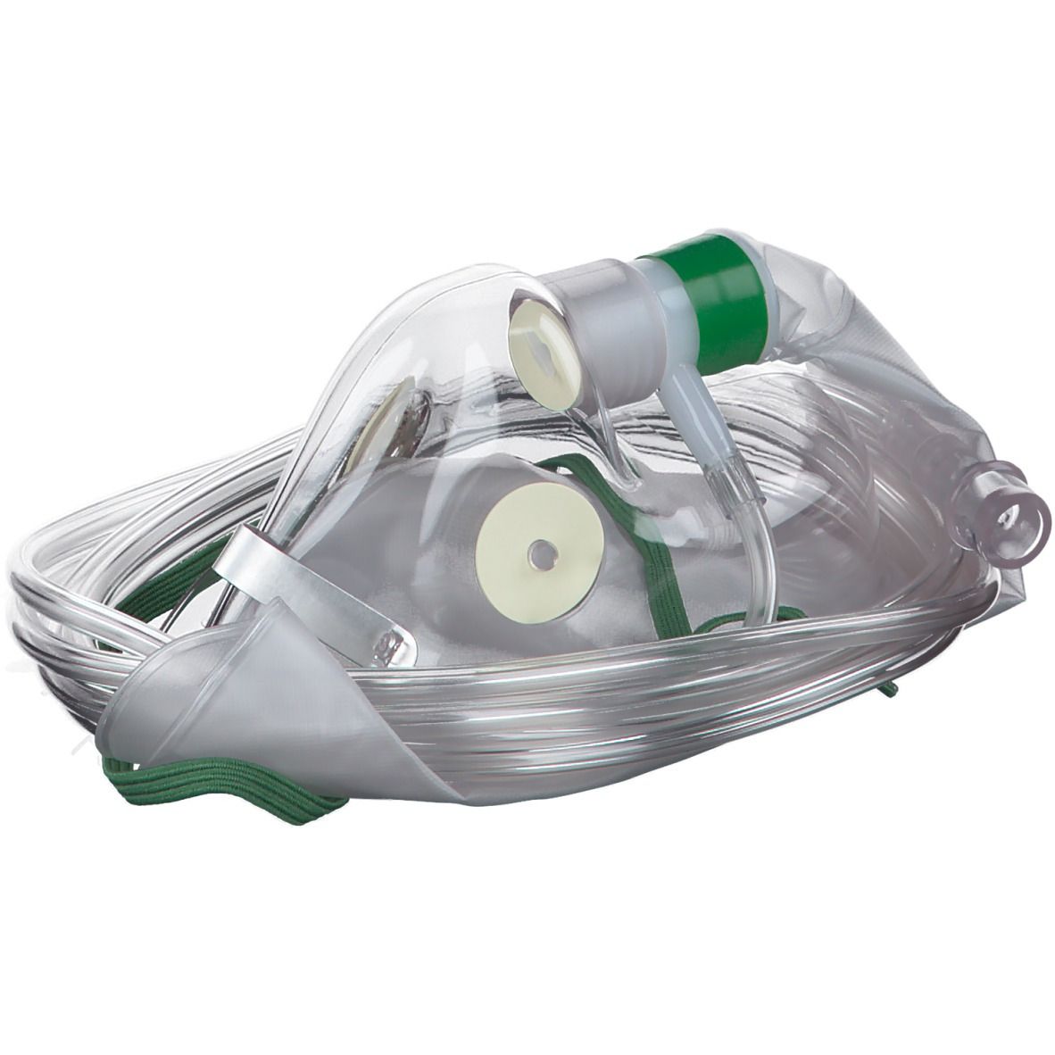 Sauerstoffmaske mit Reservoir, transparentes Material, grüner Anschluss, Schlauch. Runde Öffnung, Metallclip.