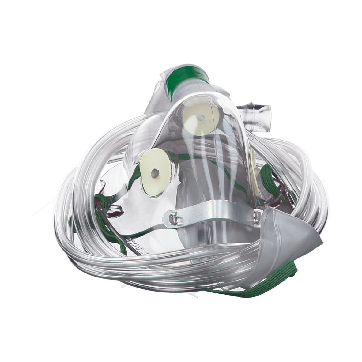 Sauerstoffmaske mit Reservoir, transparentes Material, grüner Anschluss, Schlauch. Runde Öffnung, Metallclip.