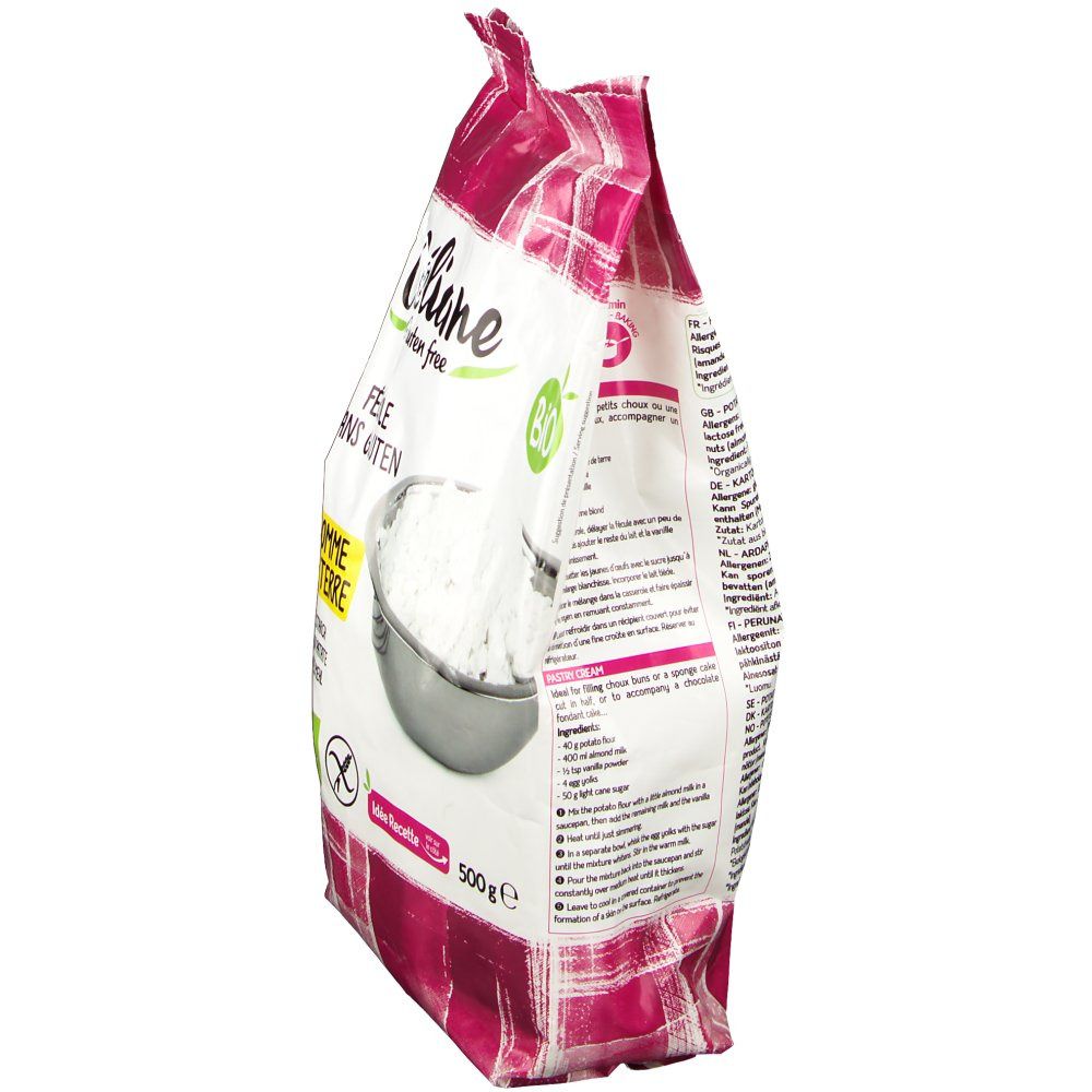 Seitenansicht der Céliane Karfoffelstärke-Verpackung. Aufschrift: BIO, Fecule sans gluten, Pomme de terre. Inhalt: 500g.