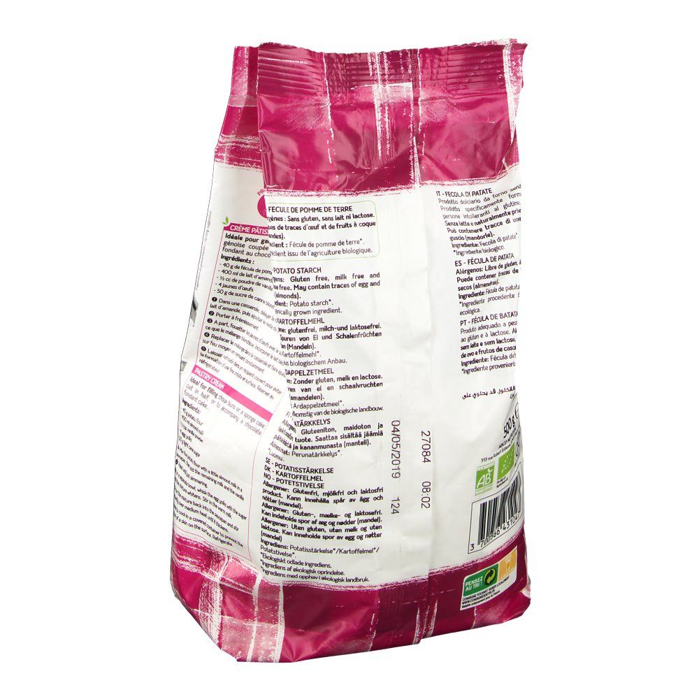 Rückseite der Céliane Karfoffelstärke-Verpackung. Text in mehreren Sprachen. Aufdruck: BIO-Logo, Chargennummer, Mindesthaltbarkeitsdatum.