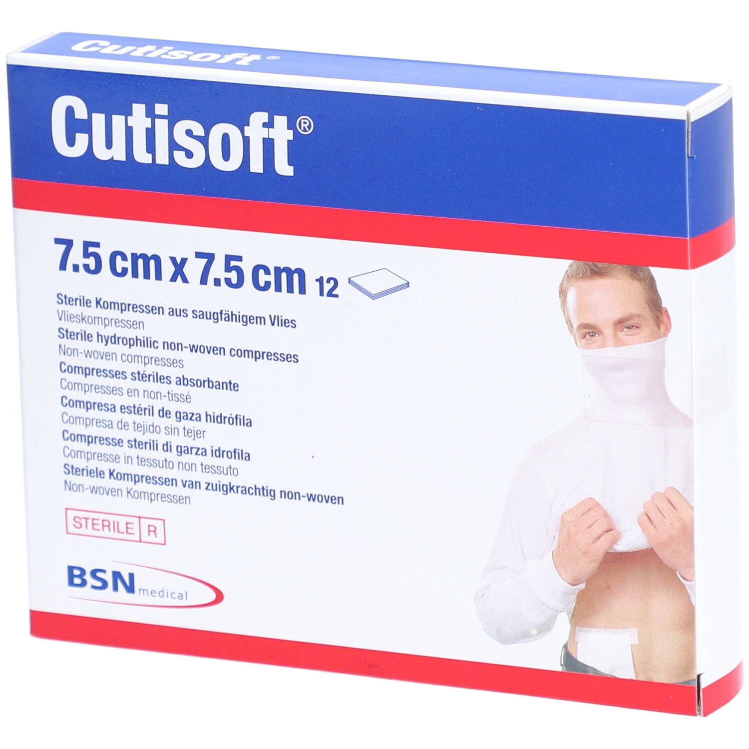 Verpackung von Cutisoft® Vlieskompresse steril. Größe: 7,5 cm x 7,5 cm. 12 Stück. Aufdrucke: Cutisoft®, BSN medical.