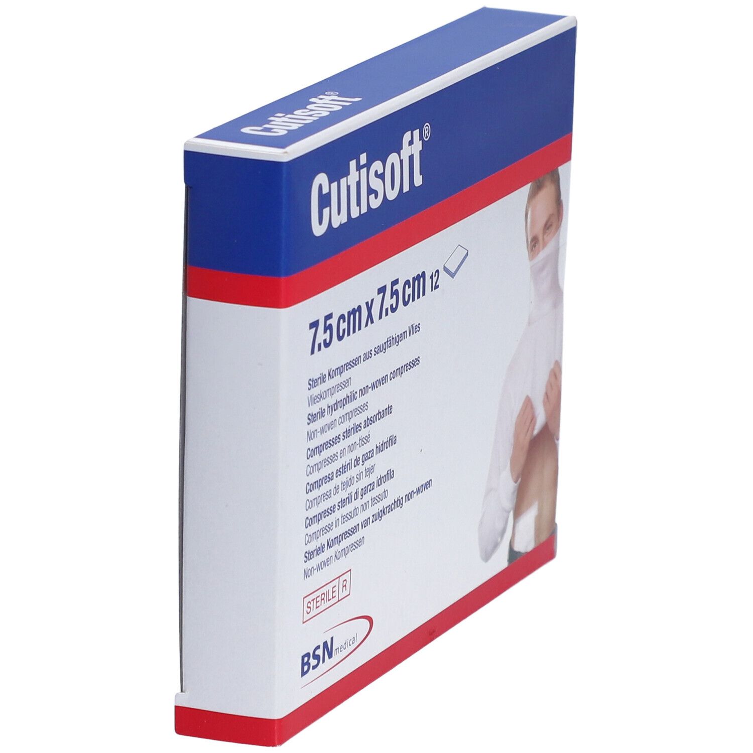 Schrägansicht der Cutisoft® Vlieskompressen-Verpackung. Größe: 7,5 cm x 7,5 cm. Aufdruck: Cutisoft® und BSN medical.