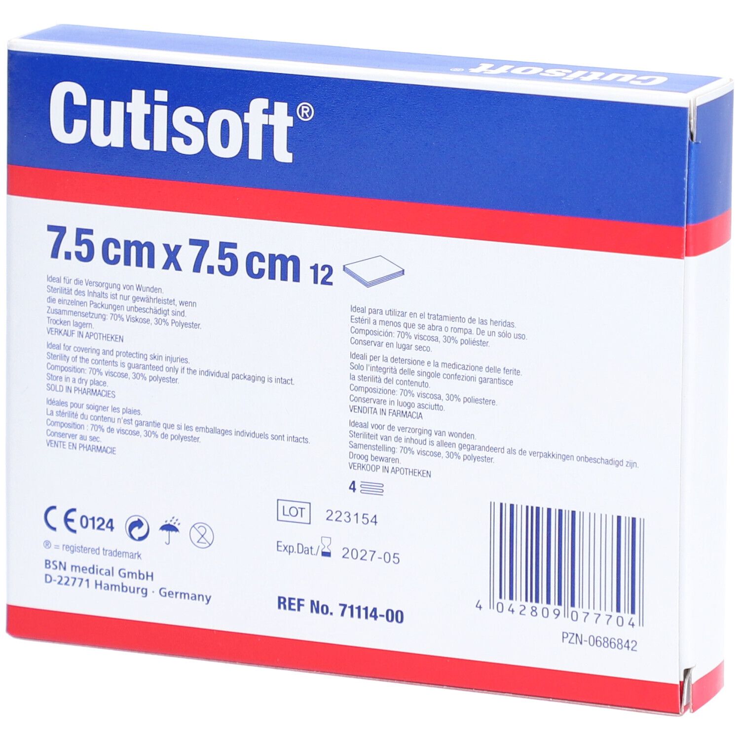 Rückseite der Cutisoft® Vlieskompressen-Verpackung. Größe: 7,5 cm x 7,5 cm. Angaben zu Inhaltsstoffen, Chargennummer und Verfallsdatum.