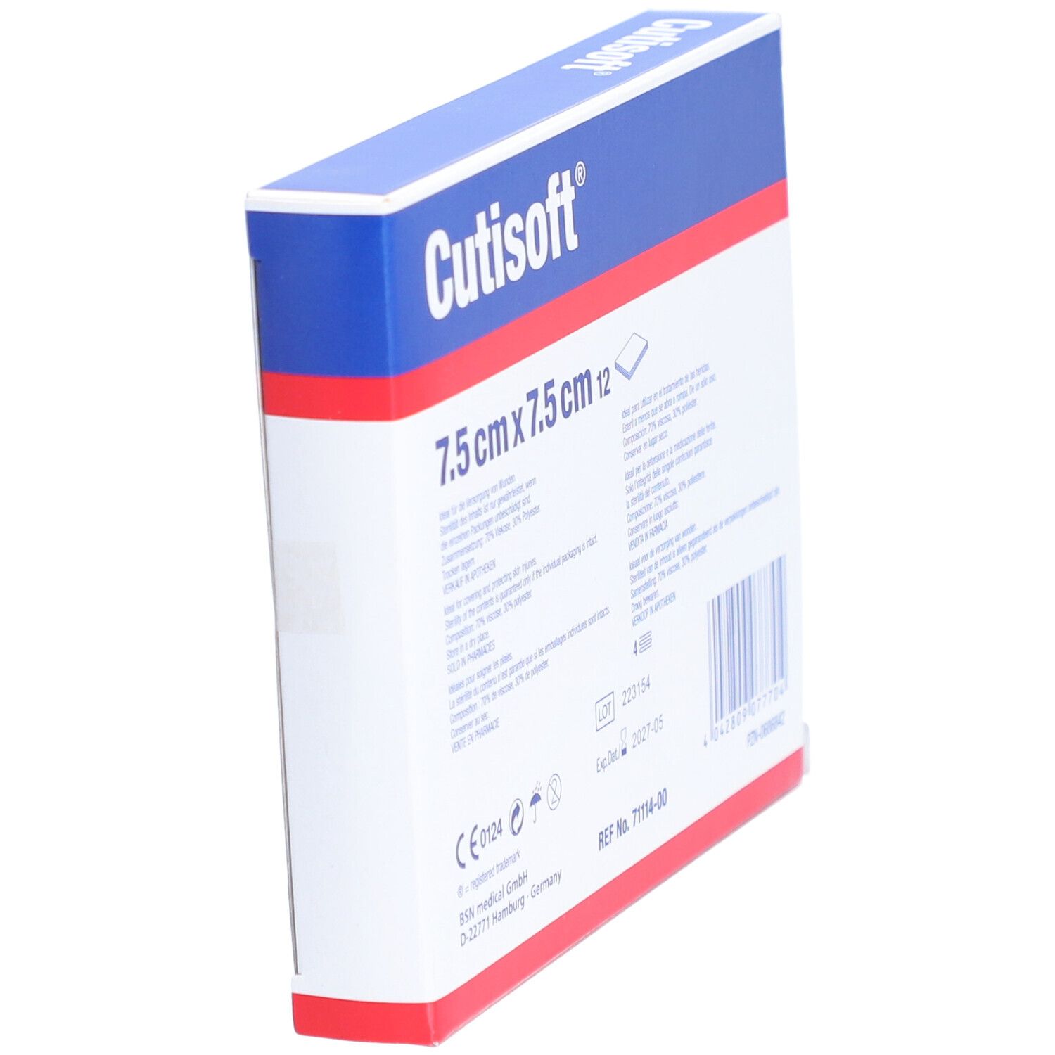 Schrägansicht der Rückseite der Cutisoft® Vlieskompressen-Verpackung. Größe: 7,5 cm x 7,5 cm. Angaben zu Inhaltsstoffen und Verfallsdatum.