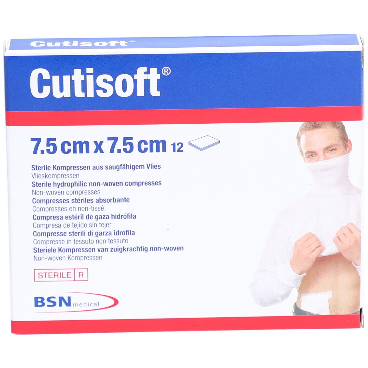 Cutisoft® Vlieskompressen-Verpackung. Größe: 7,5 cm x 7,5 cm. 12 Stück. Aufdrucke: Cutisoft®, BSN medical. Abbildung einer Person mit Kompresse.