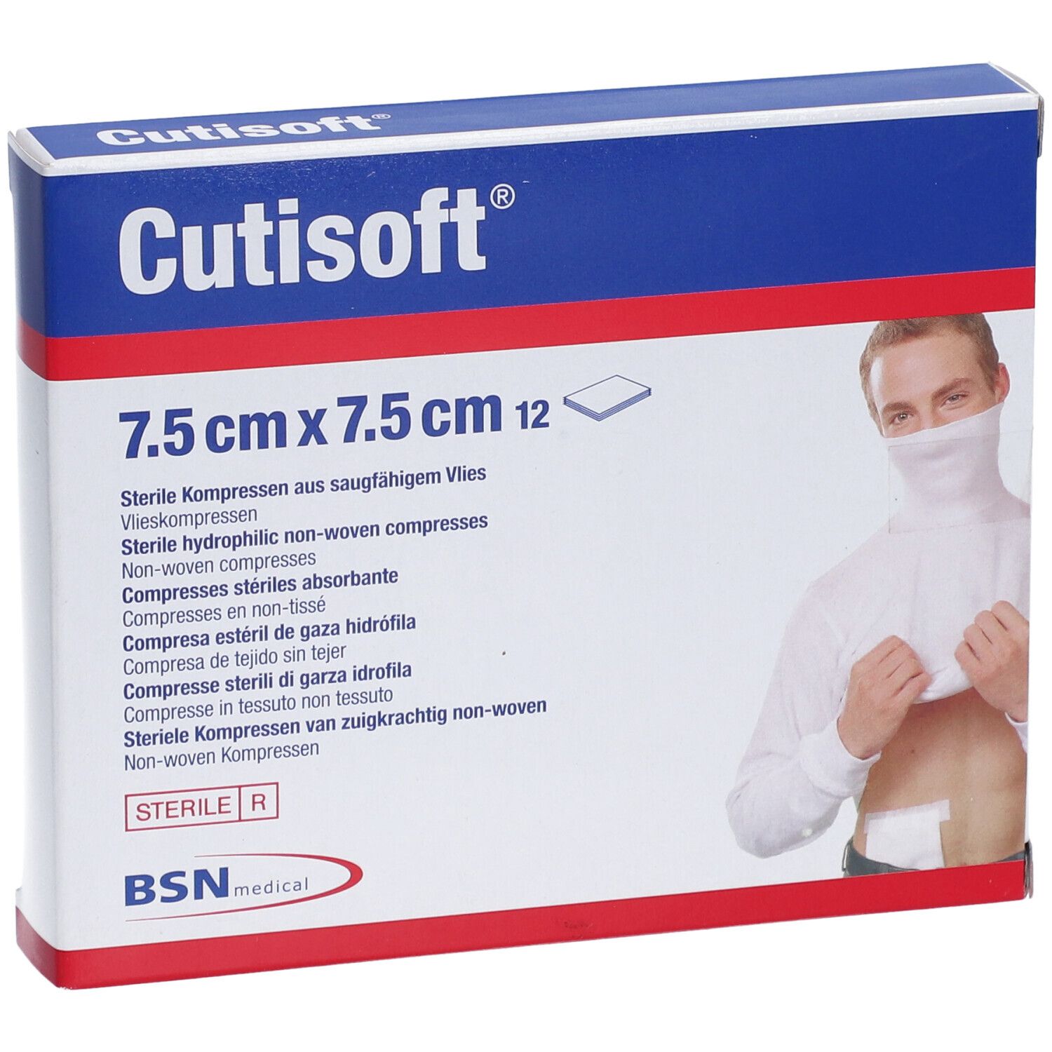 Cutisoft® Vlieskompressen-Verpackung. Größe: 7,5 cm x 7,5 cm. 12 Stück. Aufdrucke: Cutisoft®, BSN medical. Abbildung einer Person mit Kompresse.