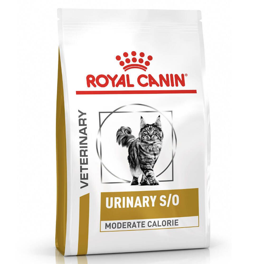 Beutel ROYAL CANIN Veterinary Urinary S/O Moderate Calorie. Abbildung einer Katze. Roter Markenname und Produktbezeichnung.