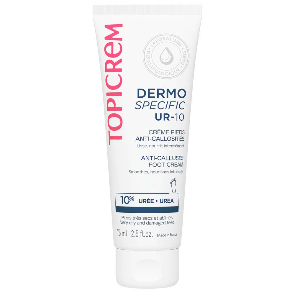 Weiße Tube mit rotem und blauem Schriftzug. Enthält Fußcreme. Beschriftung: TOPICREM DERMO-SPECIFIC UR-10 Crème pieds anti-callosités. 75 ml.