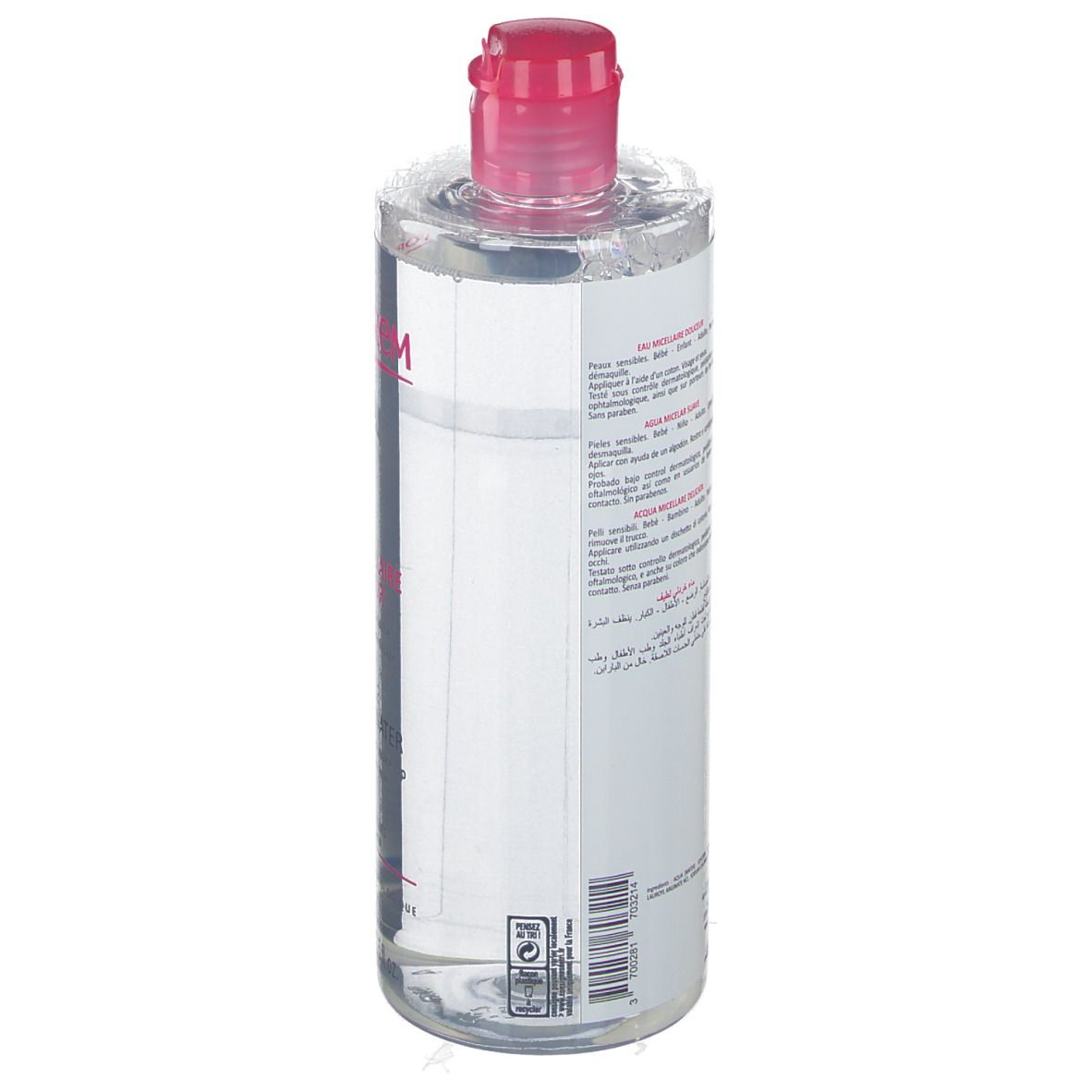 Transparente Flasche mit rosa Deckel. Etikett mit Text in mehreren Sprachen. Produkt für empfindliche Haut.