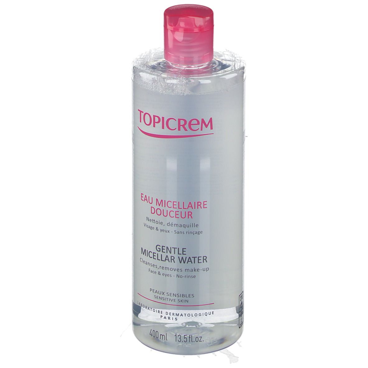 Klare Flasche mit rosa Deckel. Aufschrift TOPICREM, Eau Micellaire Douceur, Gentle Micellar Water. Für empfindliche Haut.