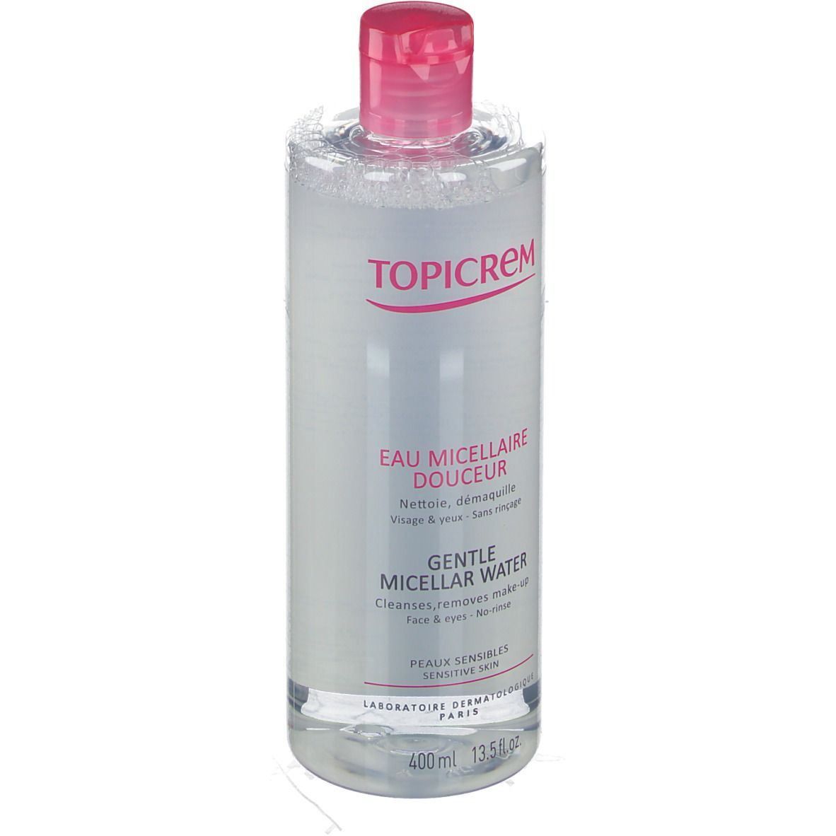 Klare Flasche mit rosa Deckel. Aufschrift TOPICREM, Eau Micellaire Douceur, Gentle Micellar Water. Für empfindliche Haut.