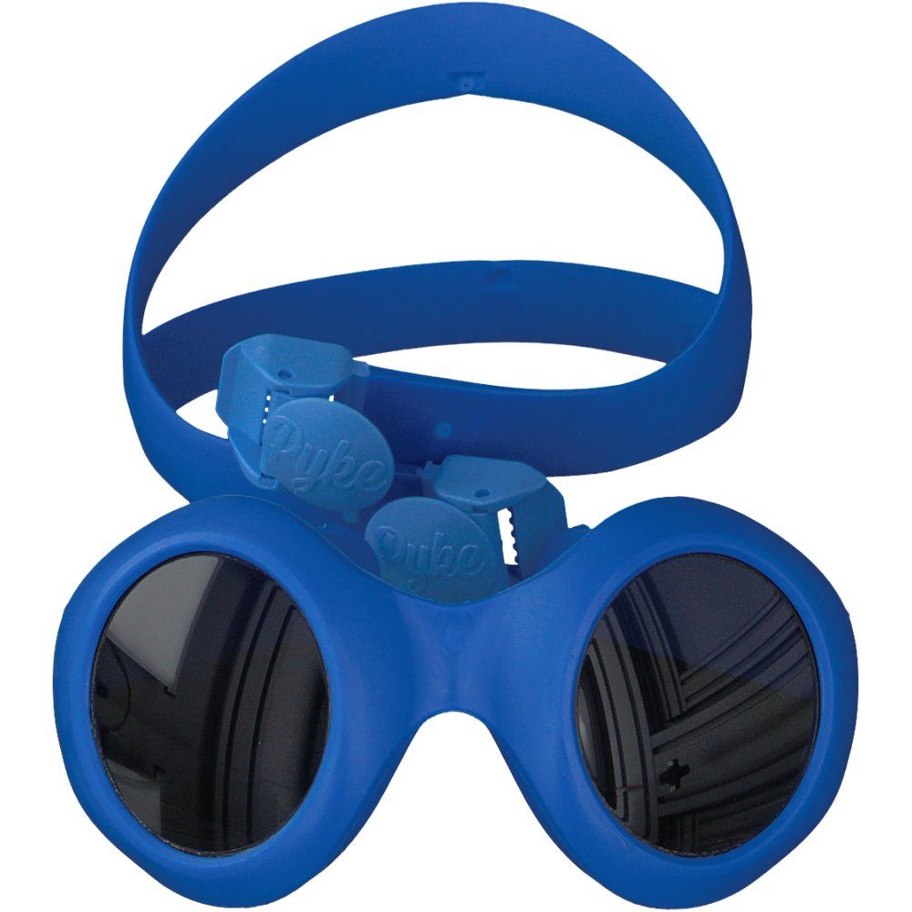 Dunkelblaue Sonnenbrille mit Band. Runde Gläser, Halterung mit Pyke-Logo. Für Babys und Kleinkinder.