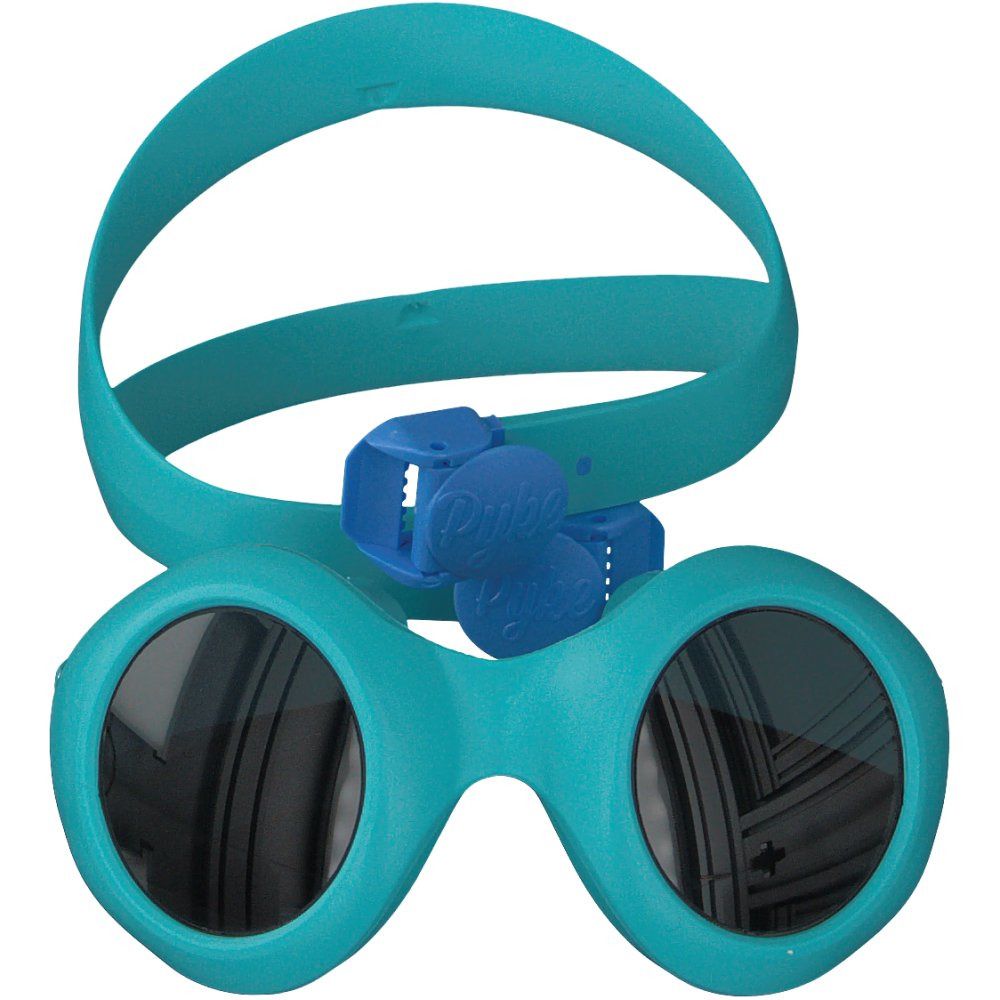 Türkisfarbene Sonnenbrille für Kleinkinder. Runde Gläser, breiter Rahmen und verstellbares Band. Blaue Halterung mit Markenlogo.