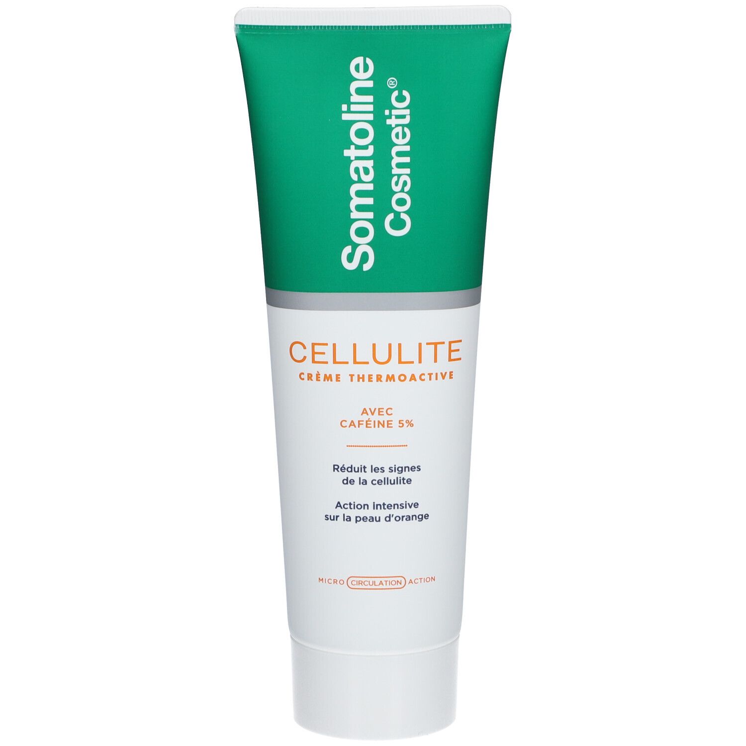 Grüne Tube mit weißem Deckel. Aufschrift Somatoline Cosmetic, Cellulite Crème Thermoactive, mit 5% Koffein. Reduziert Cellulite.