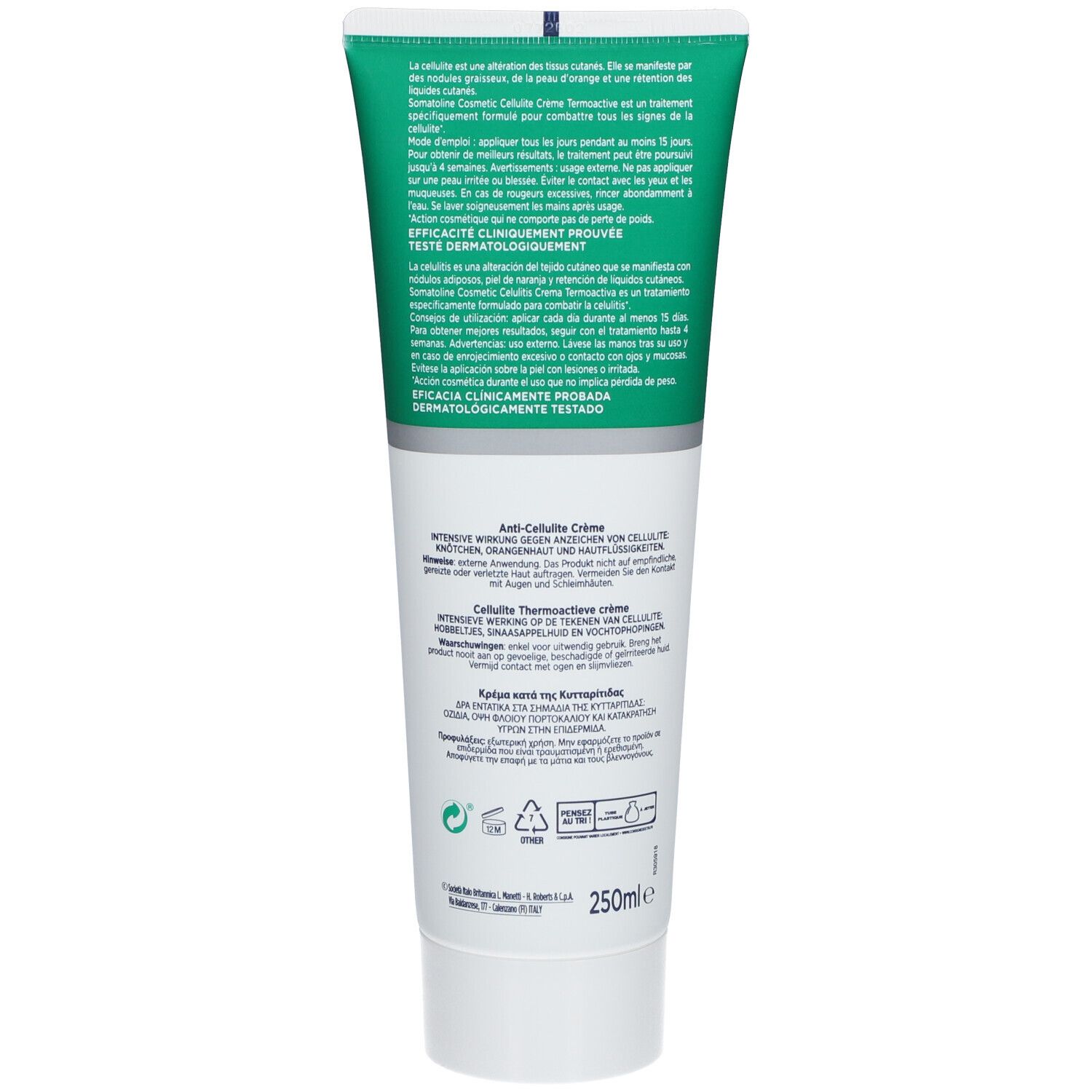 Rückseite der Tube. Text in mehreren Sprachen. Dermatologisch getestet. 250ml. Anti-Cellulite Crème. Klinisch bewiesen.