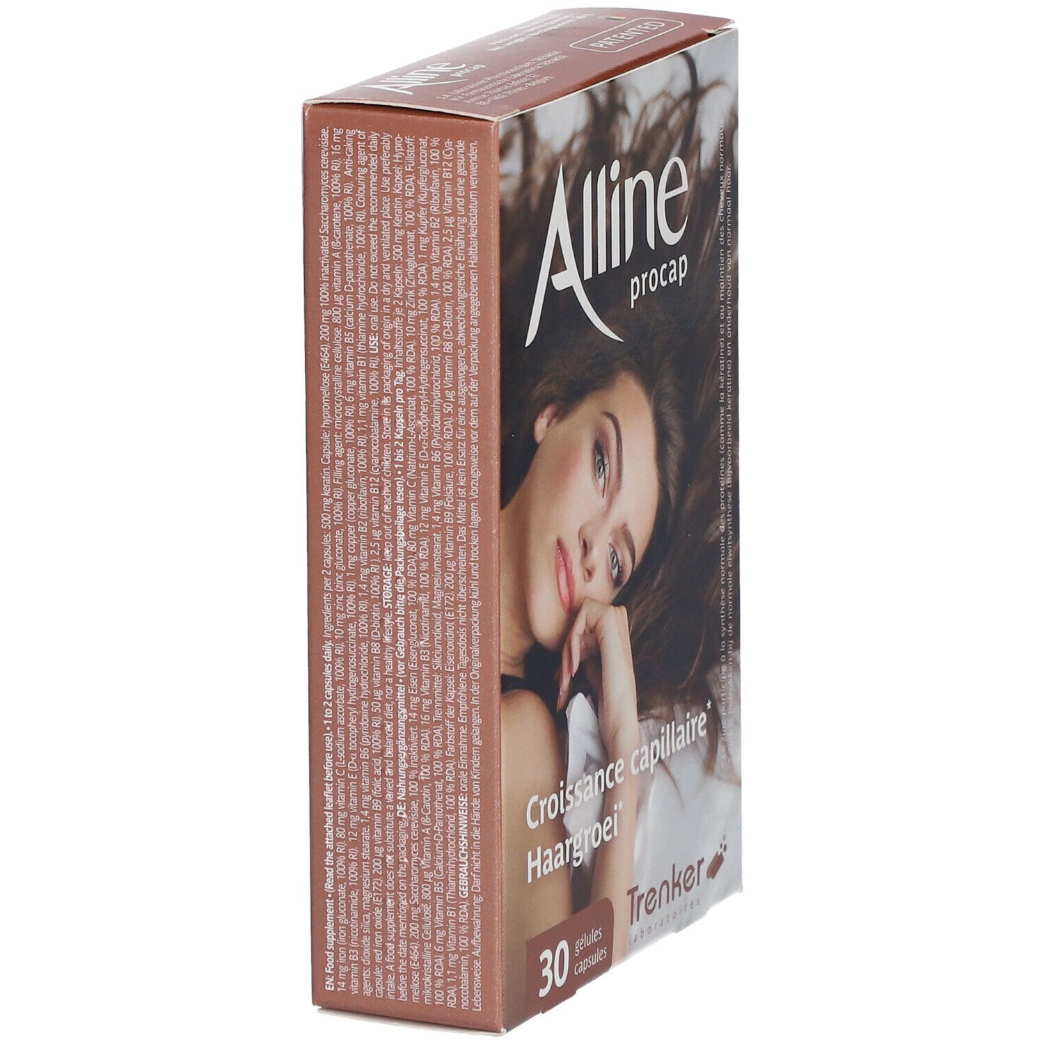 Braune Schachtel, Seitenansicht. Aufschrift: Alline procap, 30 Kapseln. Französisch: Croissance capillaire, Haarwachstum. Trenker Laboratories.