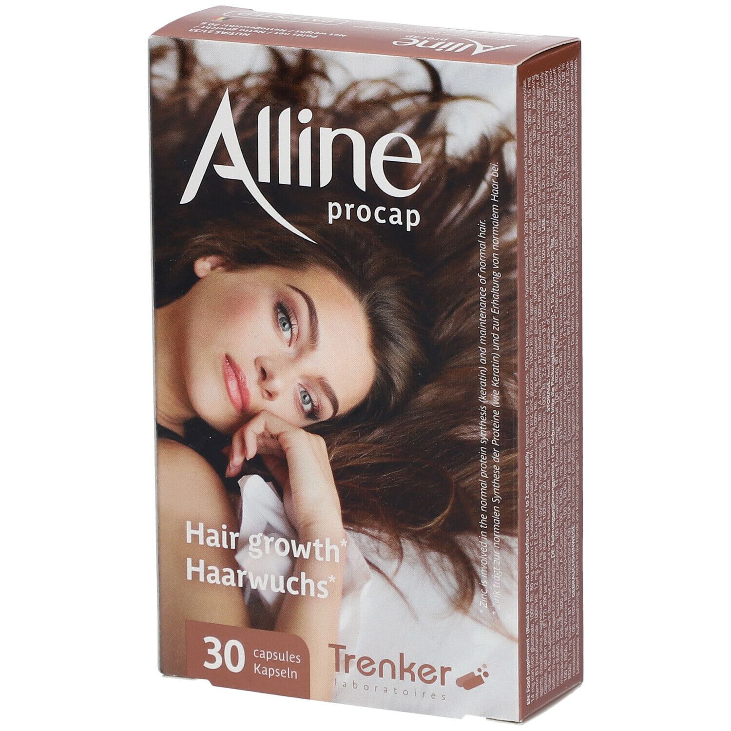 Braune Schachtel mit Produktabbildung und Text. Aufschrift: Alline procap, 30 Kapseln. Englisch: Hair growth, Haarwuchs. Trenker Laboratories.
