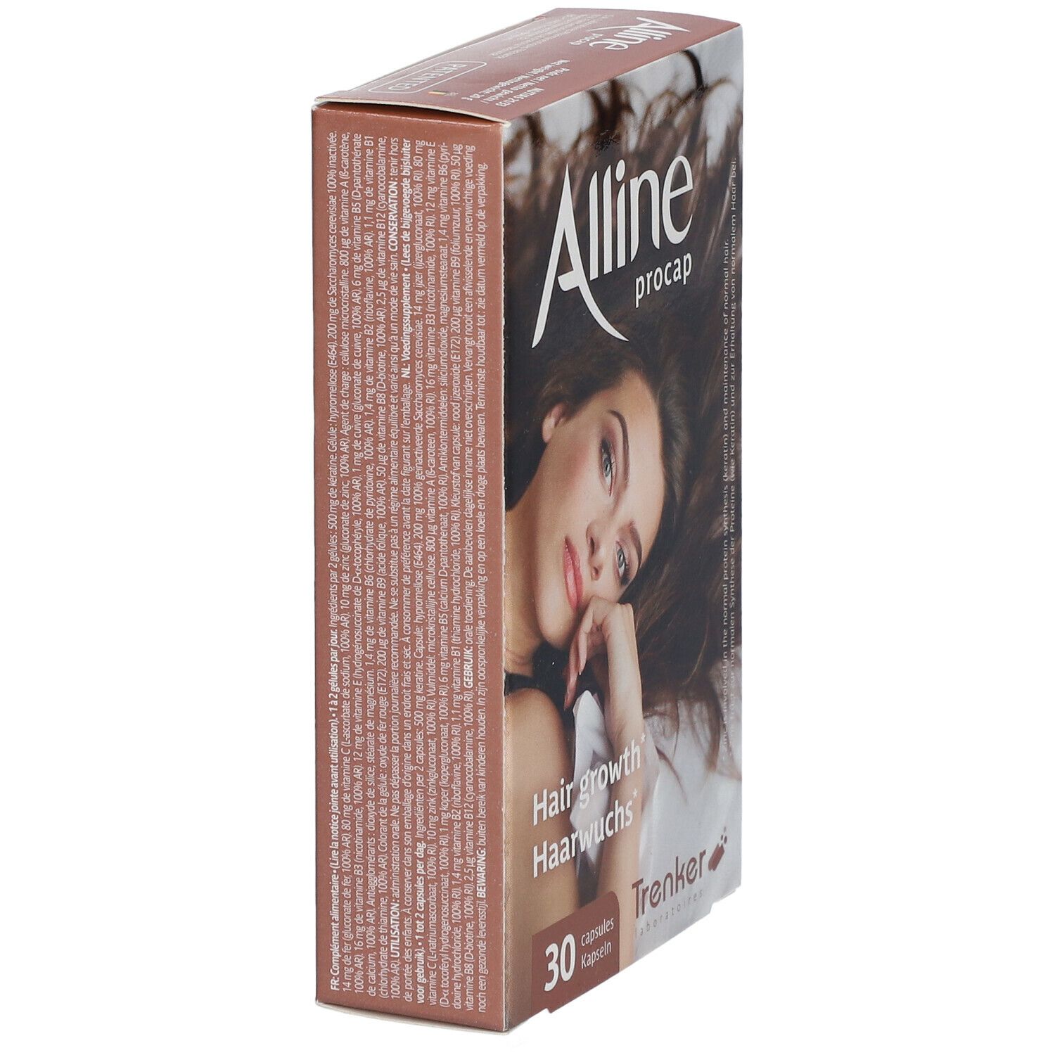 Braune Schachtel, Seitenansicht. Aufschrift: Alline procap, 30 Kapseln. Englisch: Hair growth, Haarwuchs. Trenker Laboratories.