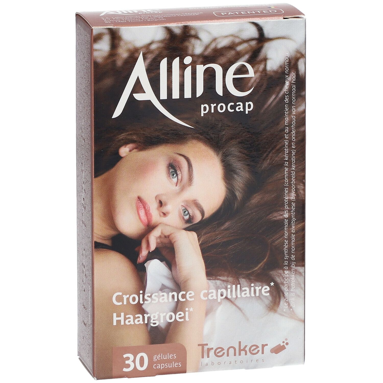 Braune Schachtel mit Produktabbildung und Text. Aufschrift: Alline procap, 30 Kapseln. Französisch: Croissance capillaire, Haarwachstum.