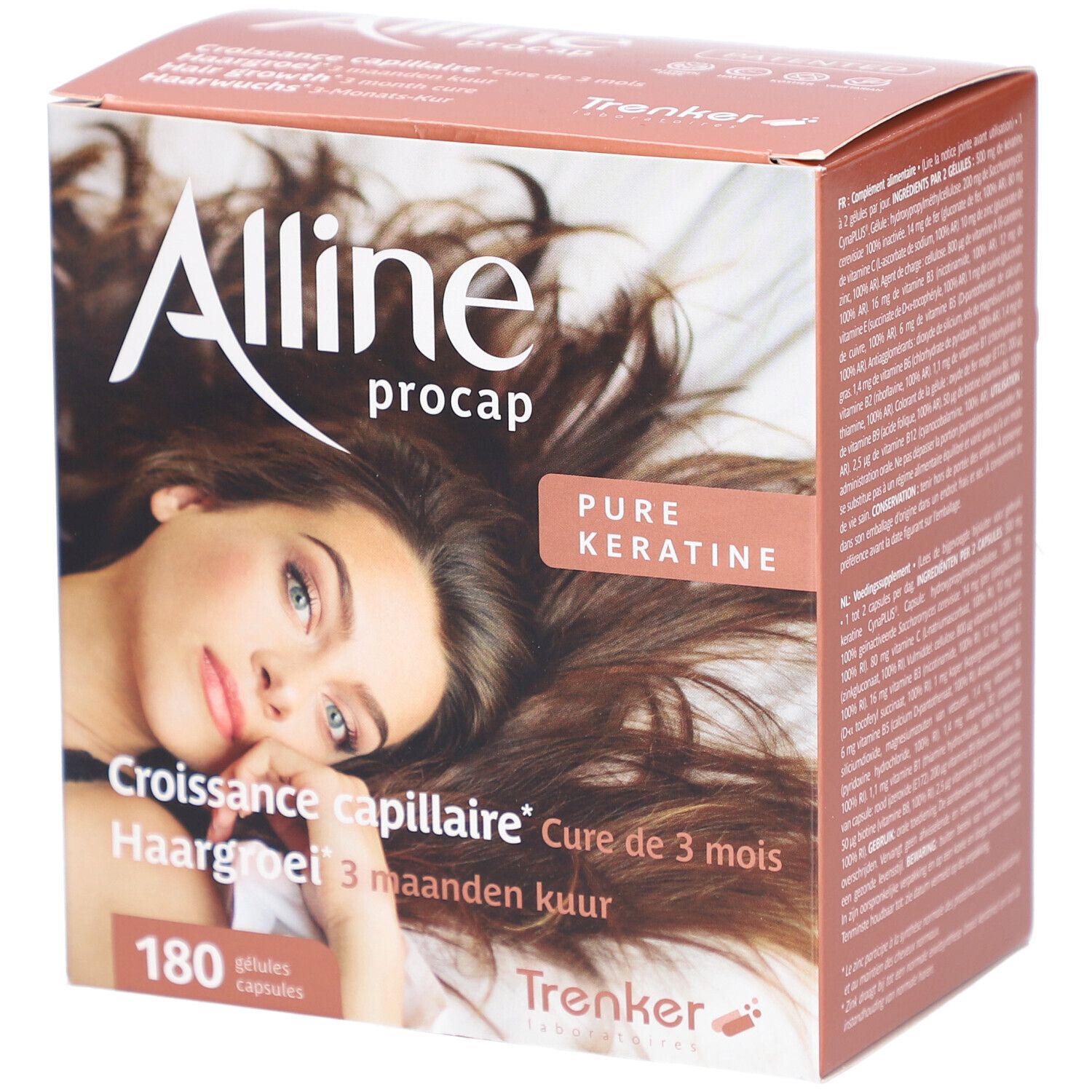 Kartonverpackung mit Produktnamen und Abbildung einer Frau mit langen Haaren. Text in Französisch, Niederländisch und Deutsch.