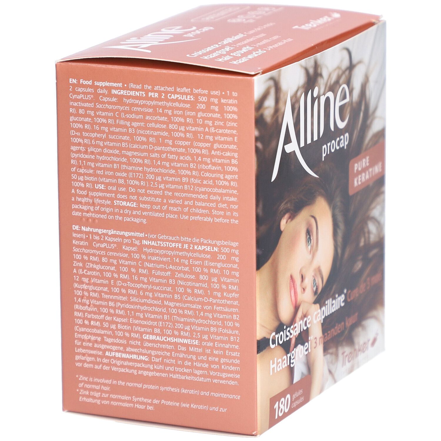 Kartonverpackung mit Produktnamen und Inhaltsangaben. Abbildung einer Frau mit langen Haaren. Text in Deutsch, Französisch und Niederländisch.