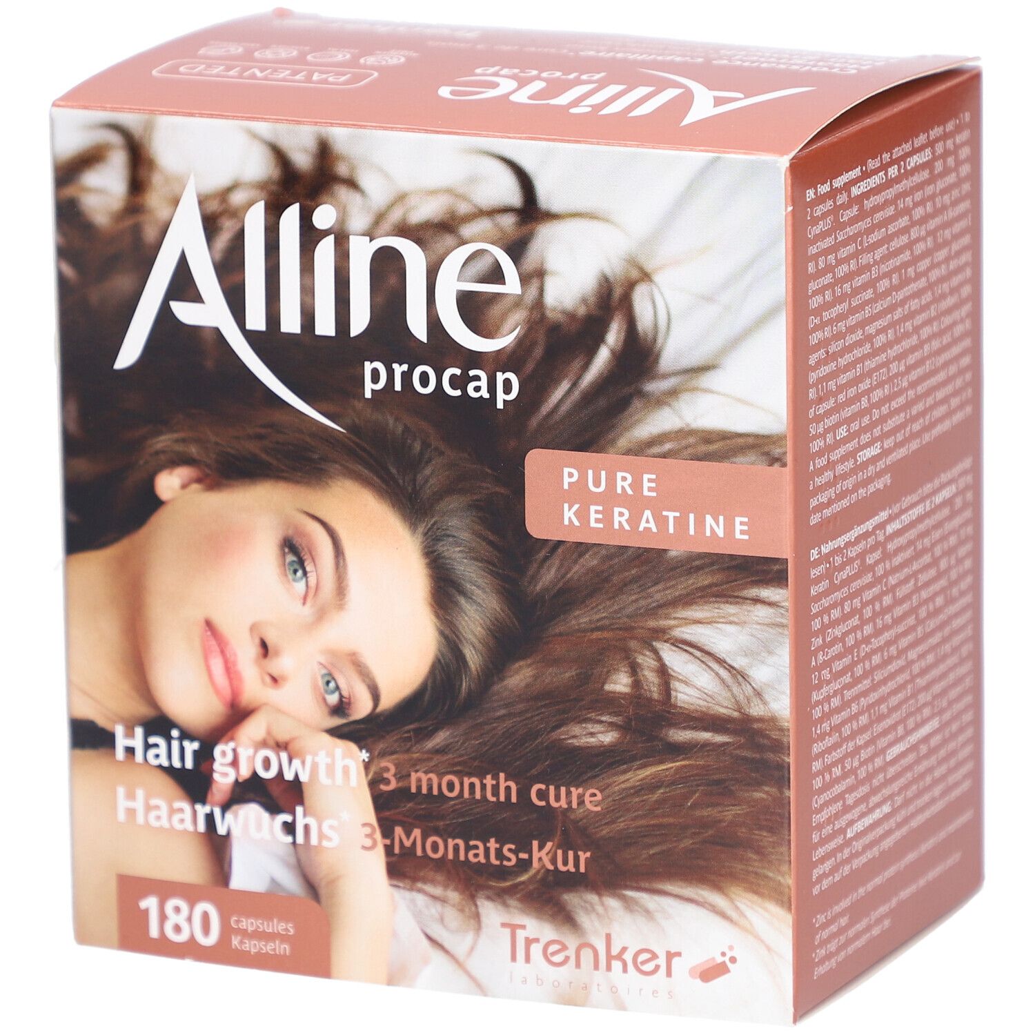 Kartonverpackung mit Produktnamen und Abbildung einer Frau mit langen Haaren. Text in Deutsch, Französisch und Niederländisch.