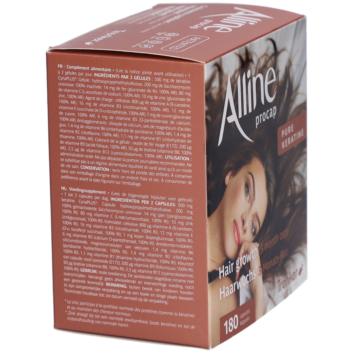 Kartonverpackung mit Produktnamen und Inhaltsangaben. Abbildung einer Frau mit langen Haaren. Text in Deutsch, Französisch und Niederländisch.