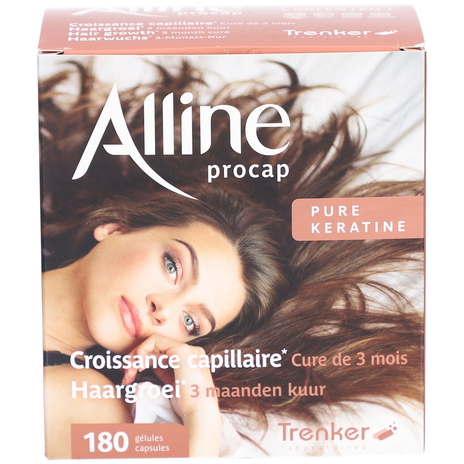 Kartonverpackung mit Produktnamen und Abbildung einer Frau mit langen Haaren. Text in Französisch, Niederländisch und Deutsch.