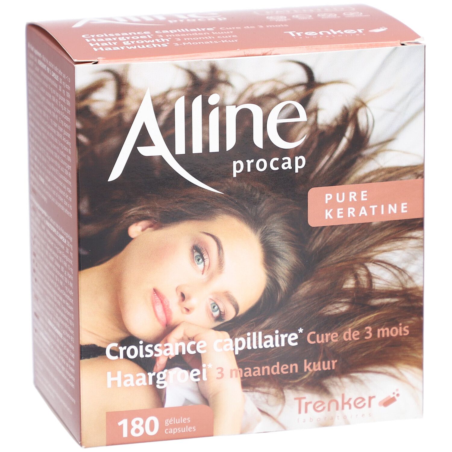 Kartonverpackung mit Produktnamen und Abbildung einer Frau mit langen Haaren. Text in Französisch, Niederländisch und Deutsch.