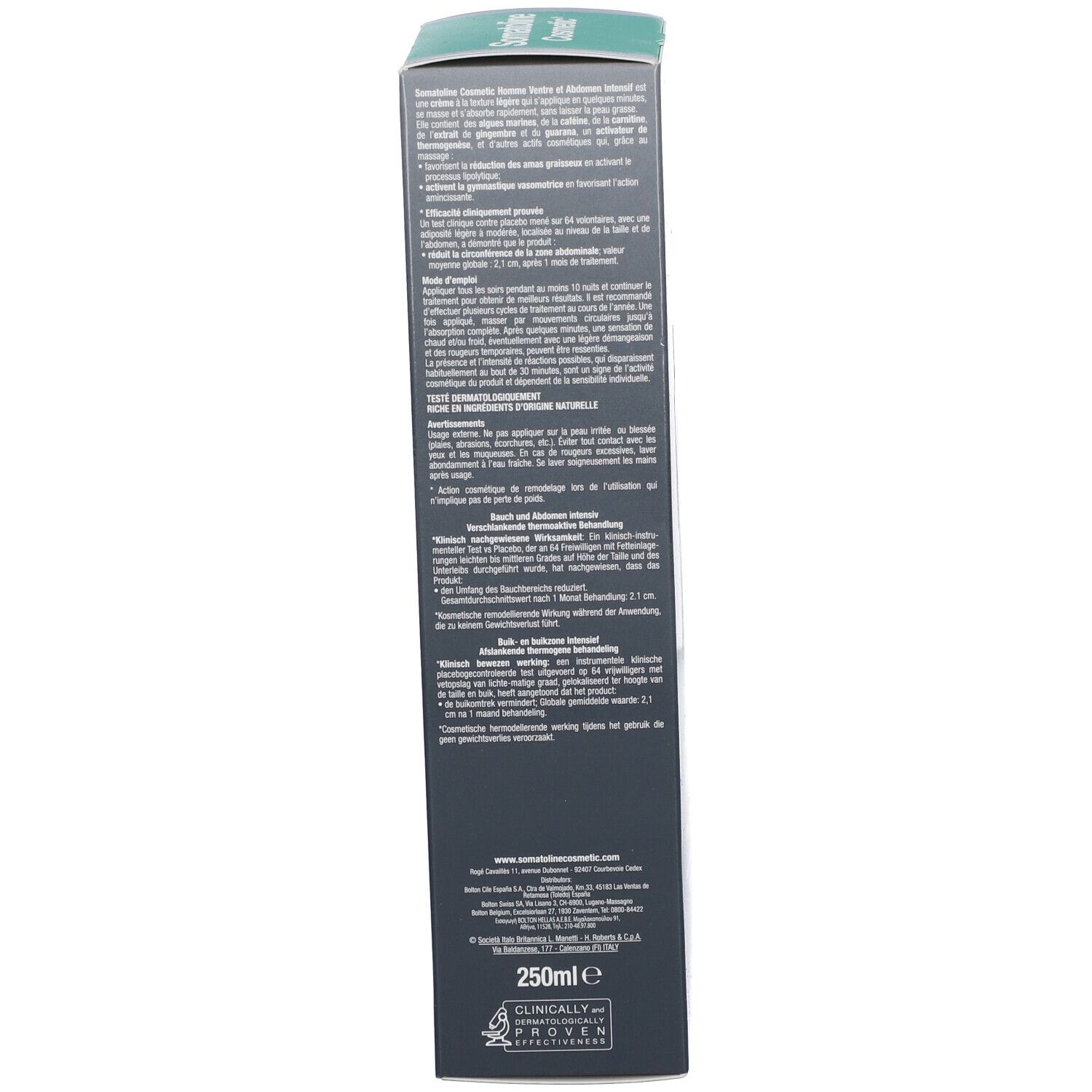 Schachtel Somatoline Cosmetic®. Rückseite mit Text. 250ml. Recycling-Symbole.