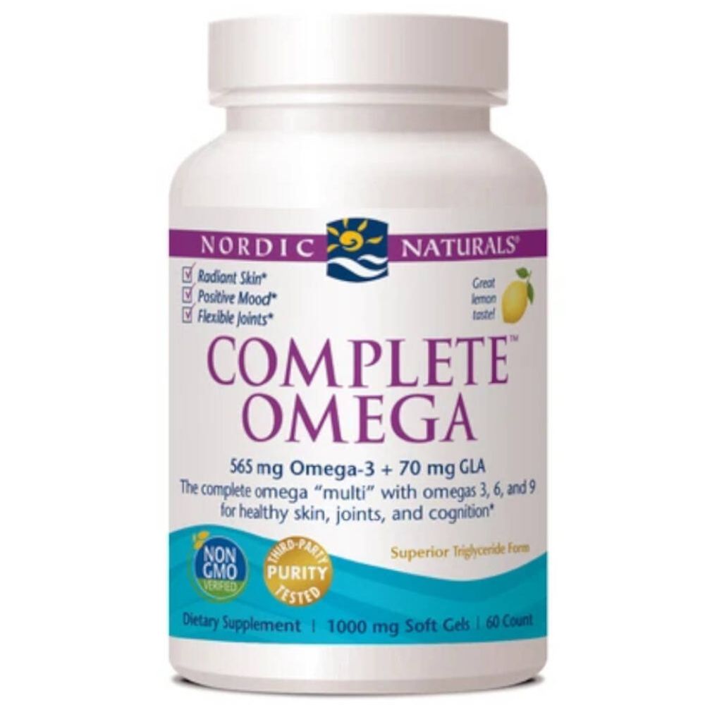 Weiße Flasche mit Kapseln. Aufschrift: COMPLETE OMEGA. Enthält Omega-3, 6, 9. Marke: Nordic Naturals. 60 Kapseln.