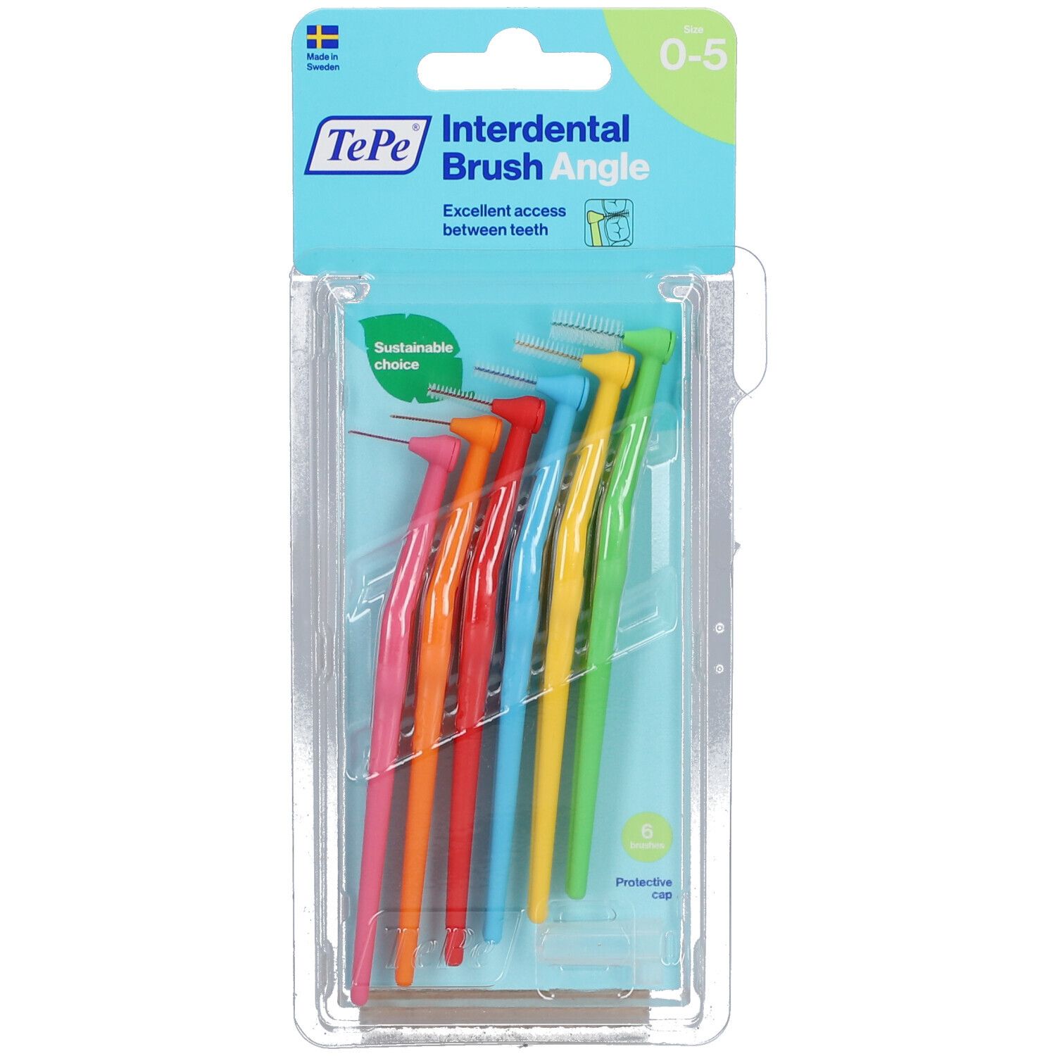 Packung mit 6 Interdentalbürsten in verschiedenen Farben. Marke TePe, Modell Angle. Nachhaltige Wahl-Logo.
