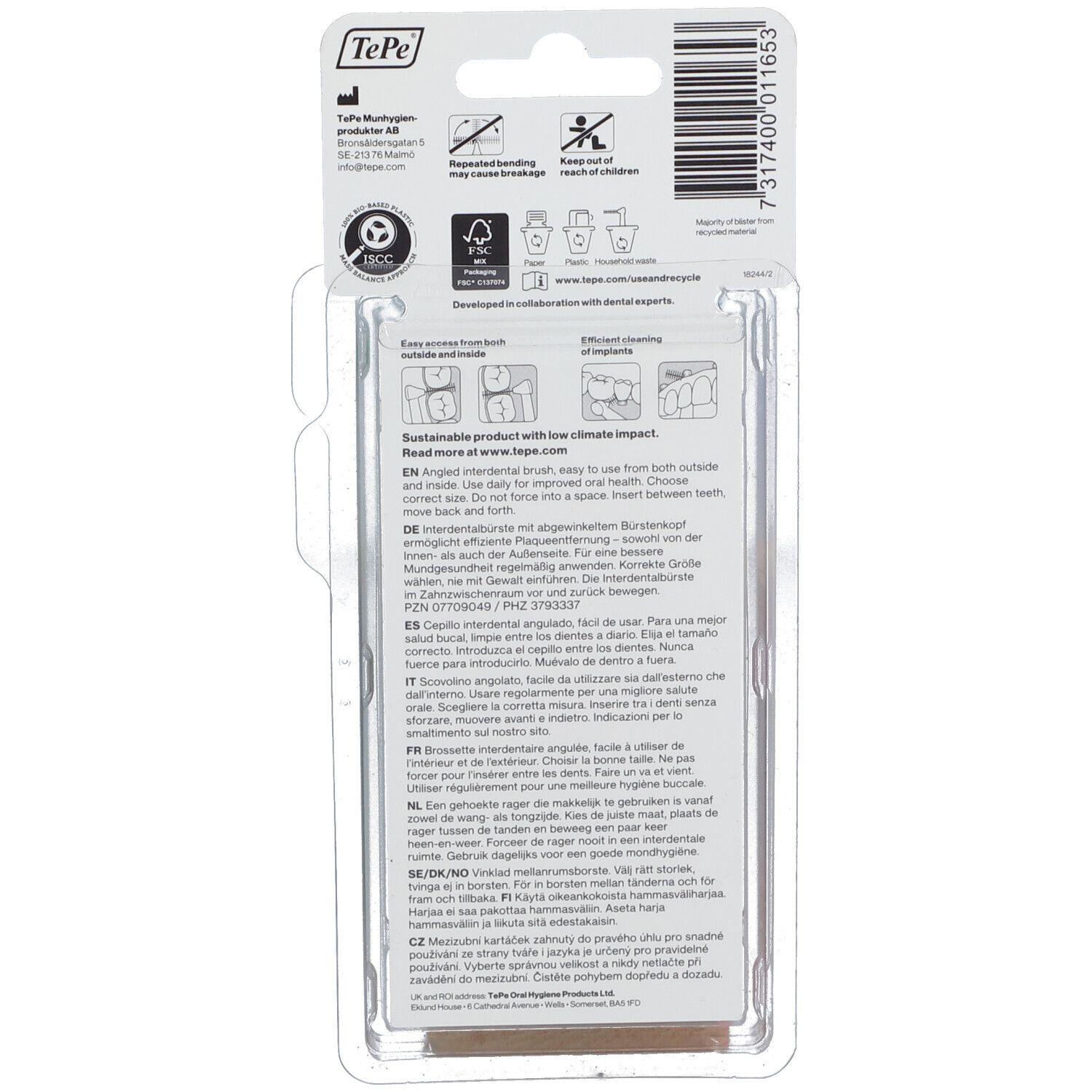 Rückseite der Verpackung mit Produktinformationen und Logos. Enthält Text in mehreren Sprachen, einschließlich Deutsch.